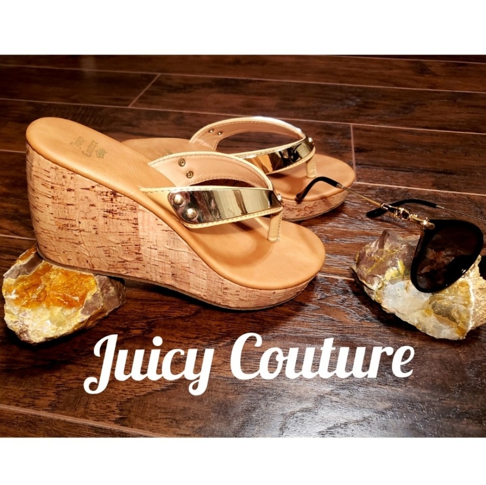 Juicy Couture gold mirror strap thong wedges